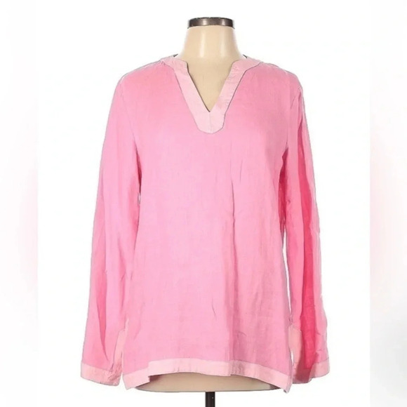 LANDS END | Pink 100% Linen Split Neck Long Sleeve Tunic Blouse Size 10 / 12 M - Picture 1 of 6